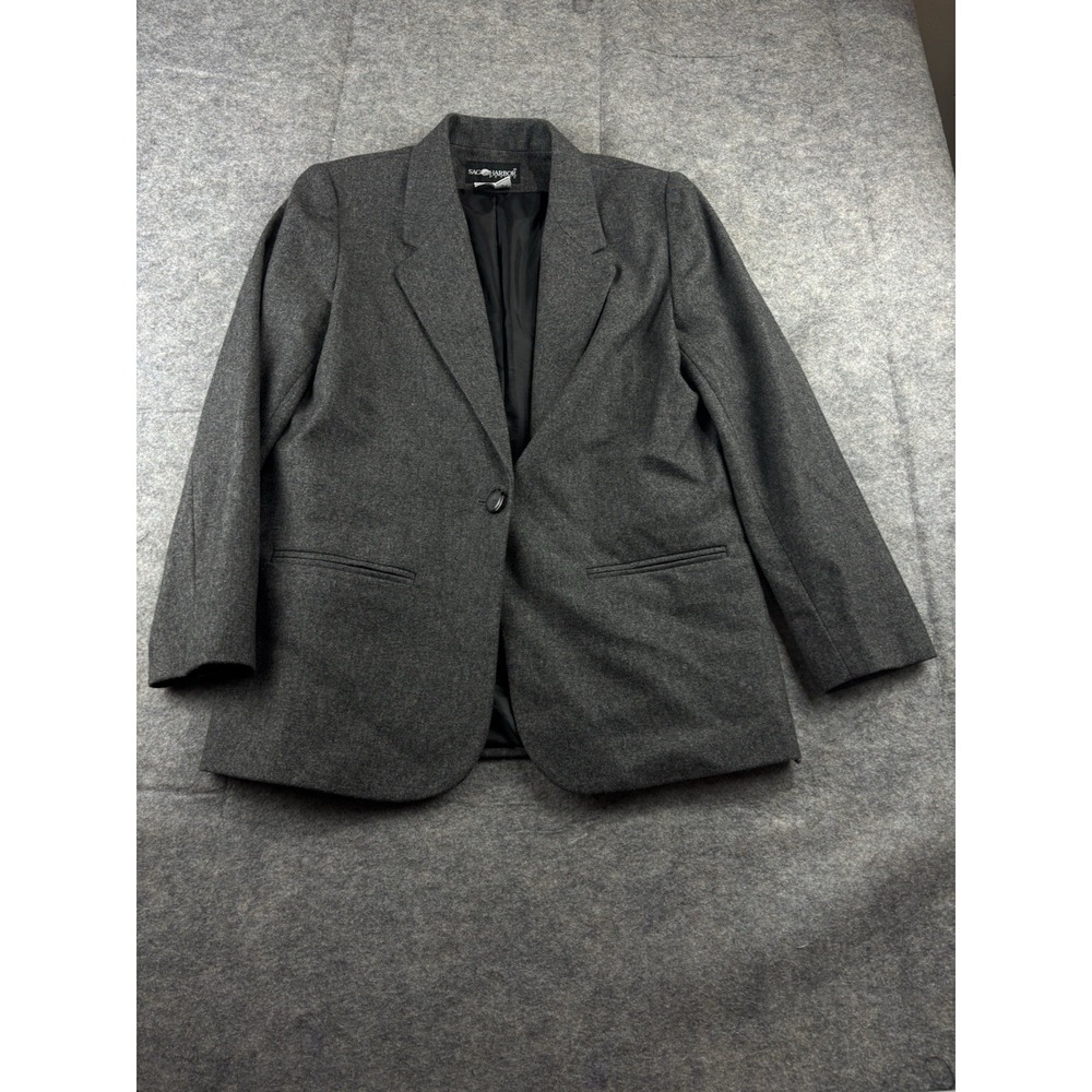 Sag Harbor Women's Petite 6P Gray Wool Blend Single Button Blazer Jacket VTG